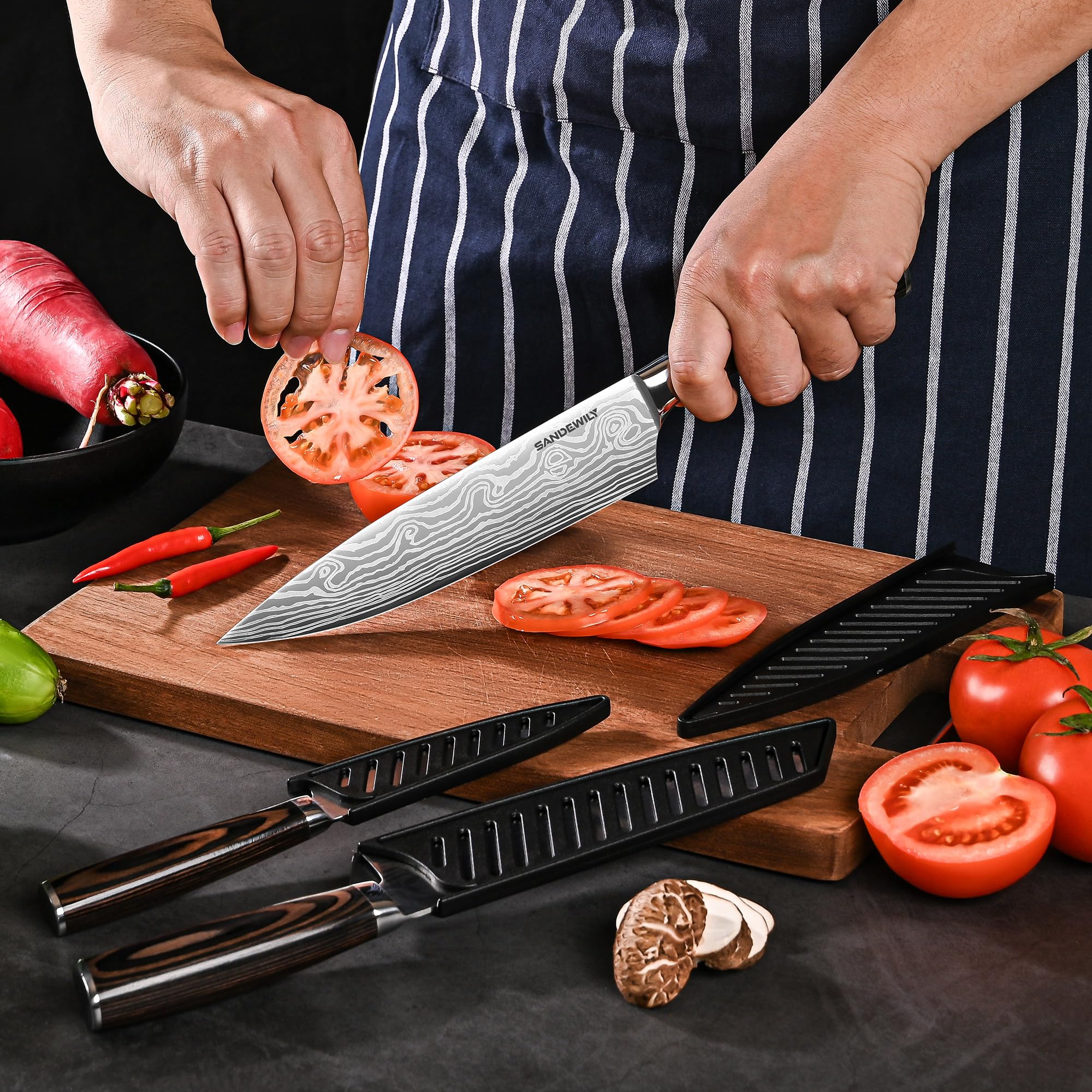 SANDEWILY Professional Kitchen Knives High Carbon Stainless Steel Chef Knife Set,3PCS Ultra Sharp Japanese Knife with Sheath,Ergonomic Pakkawood Handle Elegant Gift Box for Home or Restaurant