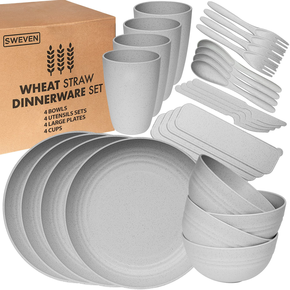 Wheat Straw Dinnerware Sets | Unbreakable Dinnerware Sets | Dishwasher Microwave Safe Dinnerware | Eco Friendly Non Breakable Dinnerware Sets | RV Outdoor Camping (Black, Service for 4 (16 pcs))
