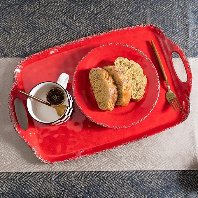 ZAROCRUS Christmas Large Melamine Serving Tray with Handle, Crackled Rustic Rectangle Melamine Serving Platter for Serving Food, Coffee Table Tray, Entertaining & Party Use, Set of 2, Christmas Red