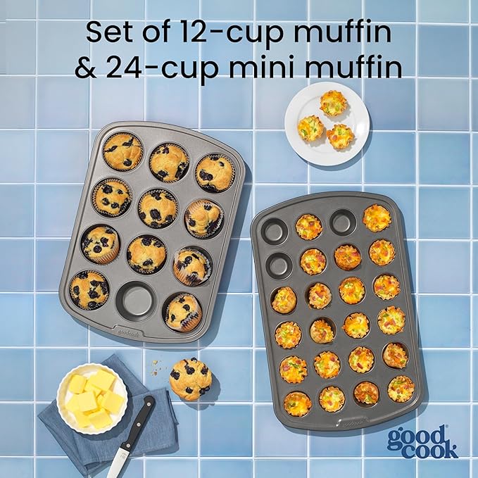 GoodCook Set of 2 Everyday Nonstick Muffin Pans – 12‑Cup Standard and 24‑Cup Mini, Gray