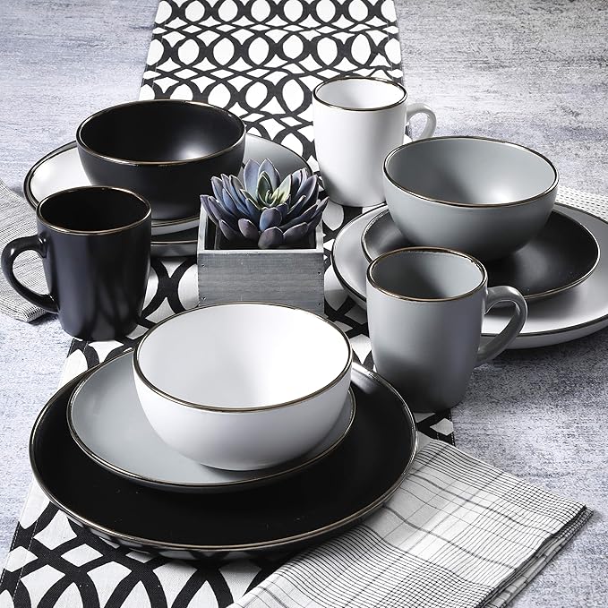 Gibson Home Rockaway 16-Piece Round Stoneware Dinnerware Set, Service for 4 – Black with Gold Rim Plates and Bowls, Microwave & Dishwasher Safe