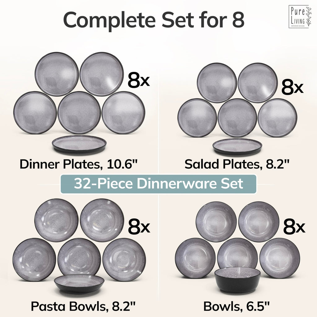 32 Piece Stoneware Dinnerware Set for 8, Handmade Plates and Bowls Set