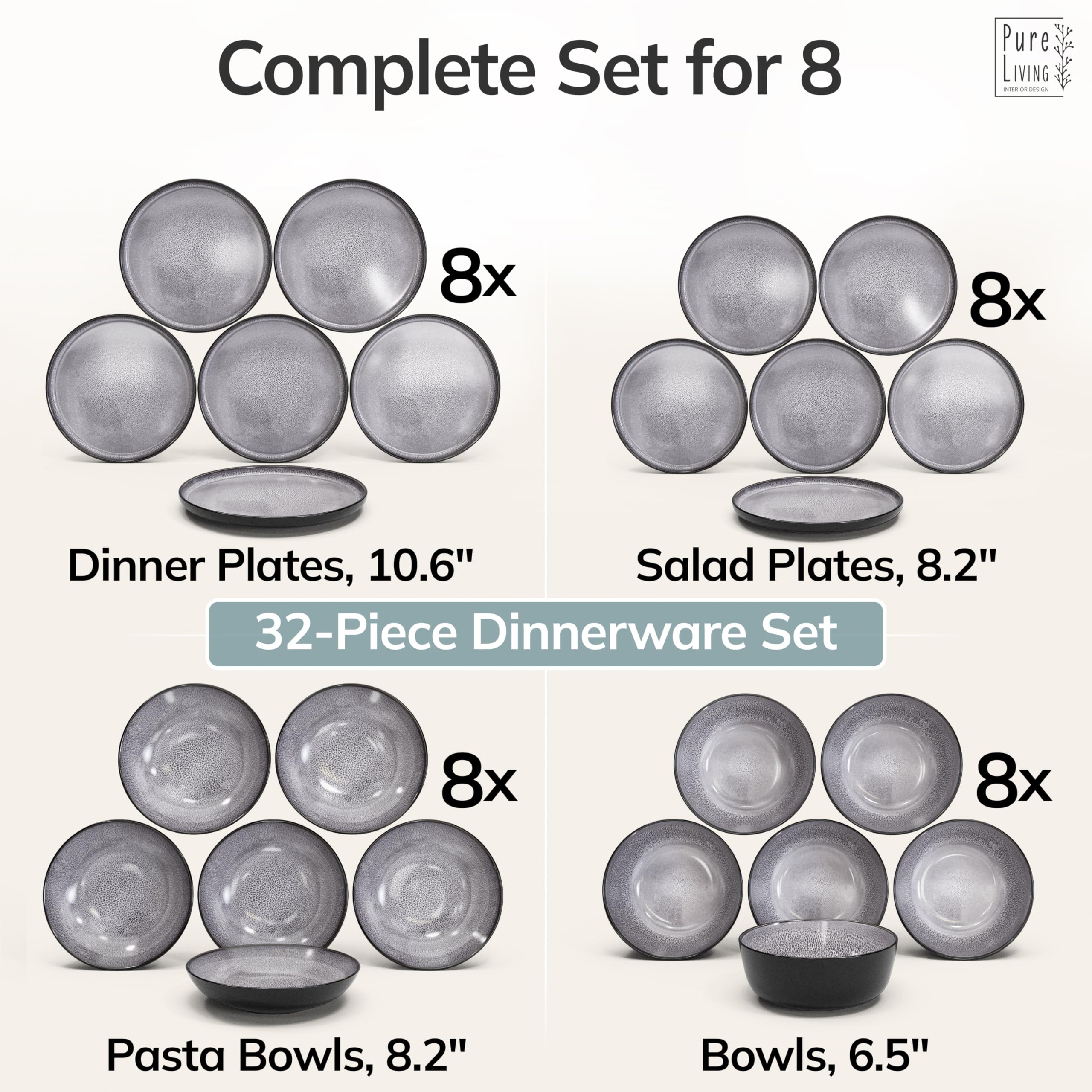 32 Piece Stoneware Dinnerware Set for 8, Handmade Plates and Bowls Set