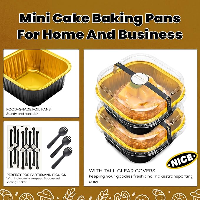 NPLUX Square Pans with Lids, 50 Pack Black Gold for Dessert Displays