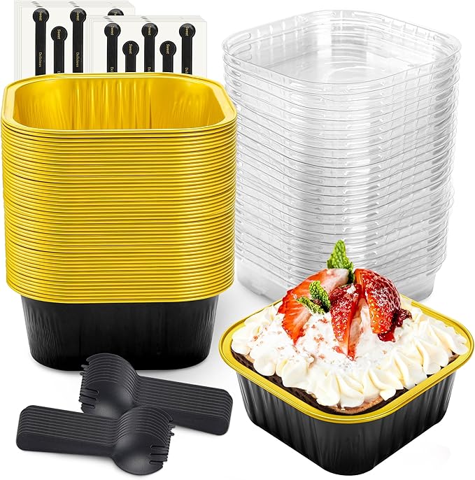NPLUX Square Pans with Lids, 50 Pack Black Gold for Dessert Displays