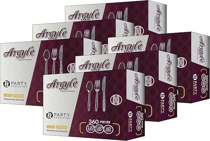 PARTY BARGAINS Argyle Settings Clear Plastic Cutlery Set 2160‑Piece – 1080 Forks, 720 Spoons, 360 Knives – Heavy‑Duty Disposable Utensils for Parties, Weddings, Buffets, BBQs & Catering – BPA Free