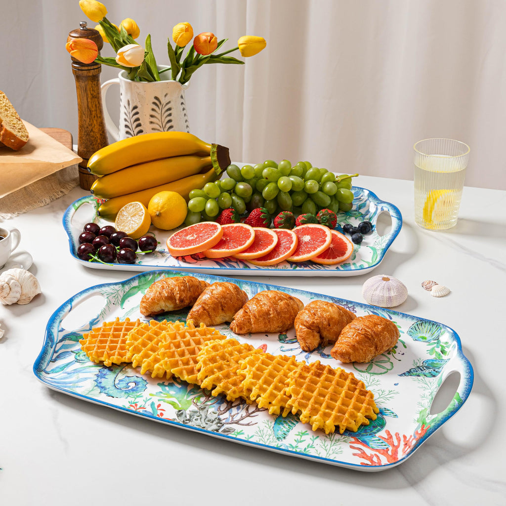 LEHAHA Serving Tray with Handles, Large Rectangular Melamine Serve Platter for Serve Food, Set of 2, 19 x 12 inch,Unbreakable Food Platter for Coffee Table, Ottoman Tray for Bedroom, Living Room.