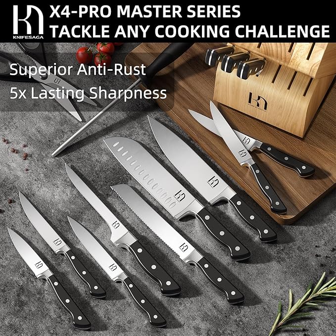 KnifeSaga Japanese Knife Set with Sharpener, Premuim, Razor Sharp, 15 Pcs