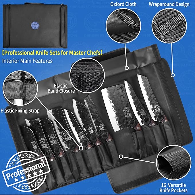 XYJ Professional Kitchen Knife Set with Bag, Forged Blades, Full Tang