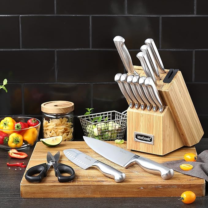 McCook Knife Set Kitchen Steel Knife Block Set w Built-in Sharpener