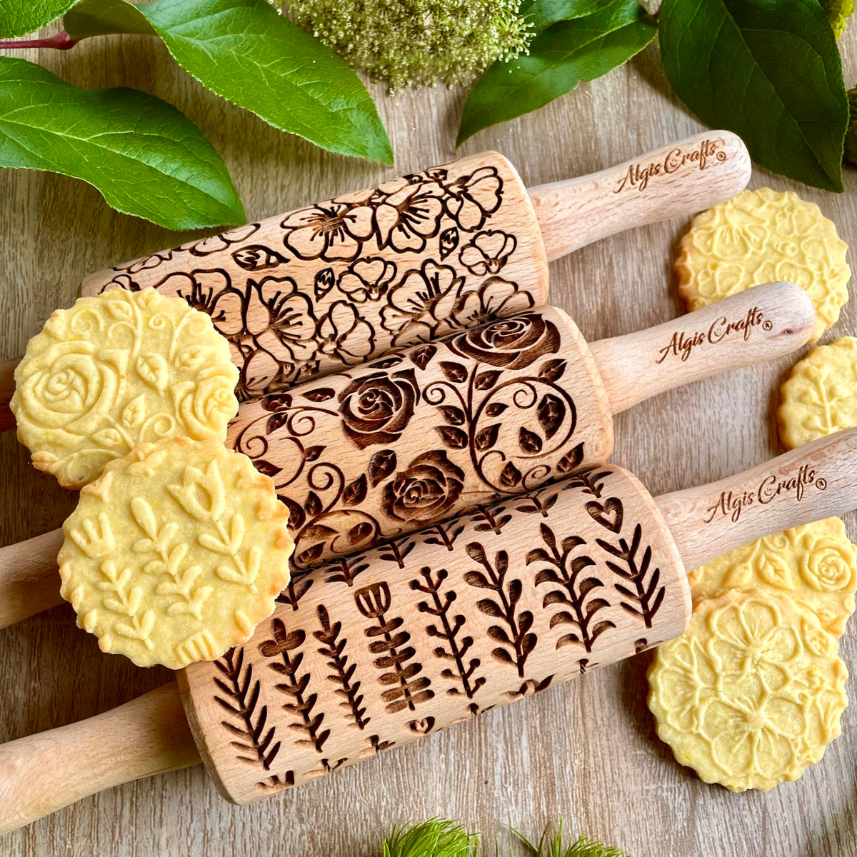 SEASONS 3 Mini Embossed Rolling Pin Set. Wooden Laser Cut Mini Rolling Pins for cookies or clay with spring flowers, tulips, daffodils, strawberries, raspberries, birch, trees by Algis Crafts