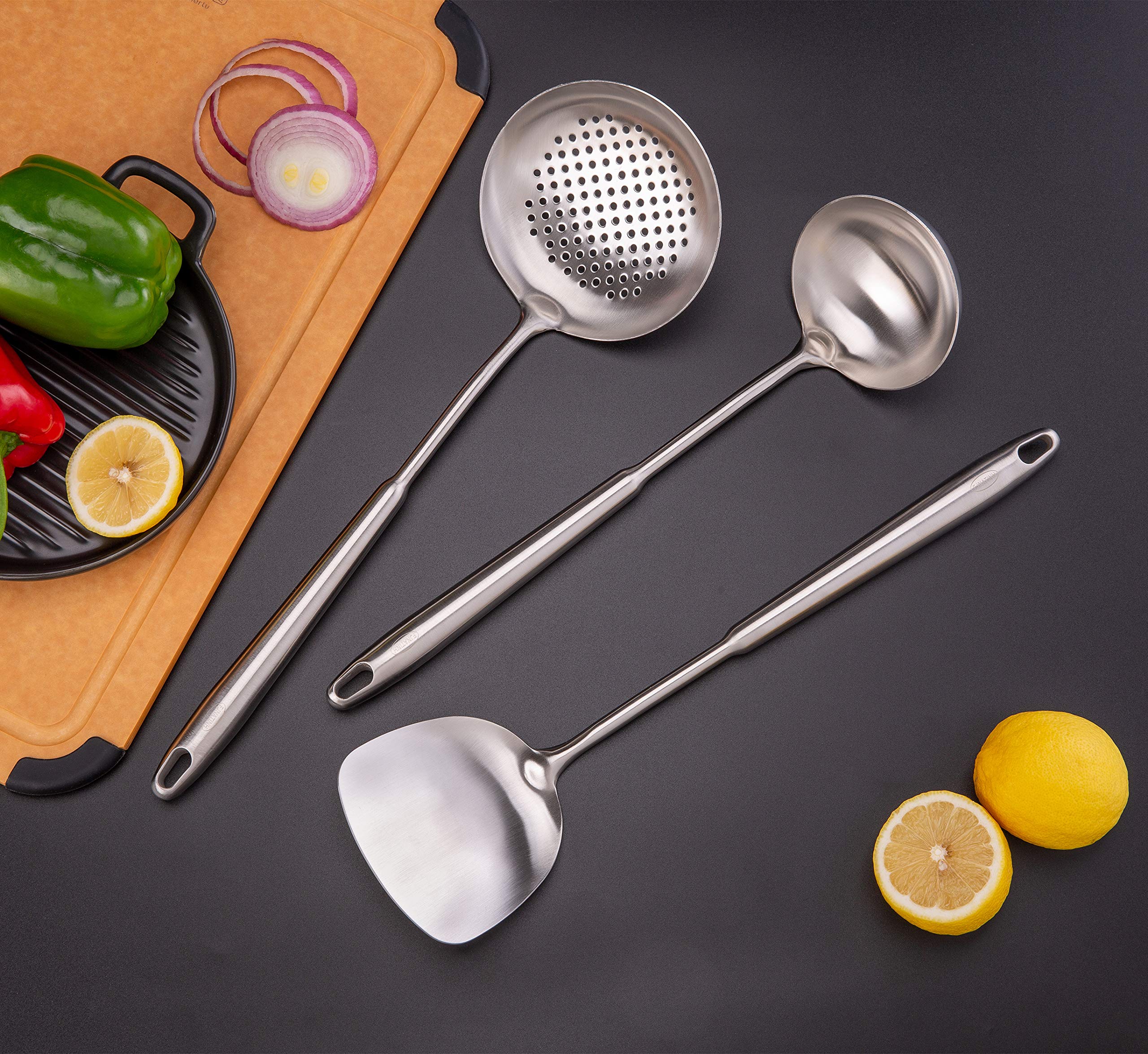 Wok spatula and ladle,Skimmer Ladle Tool Set, Chinese Wok Utensil Set, All metal 304 Stainless Steel Cooking Utensils(15in,15in,14in)