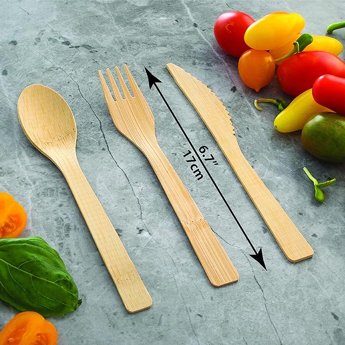2 ZEBRAZ Bamboo Cutlery Set 100pc Disposable - 50 Fork 25 Knife 25 Spoon
