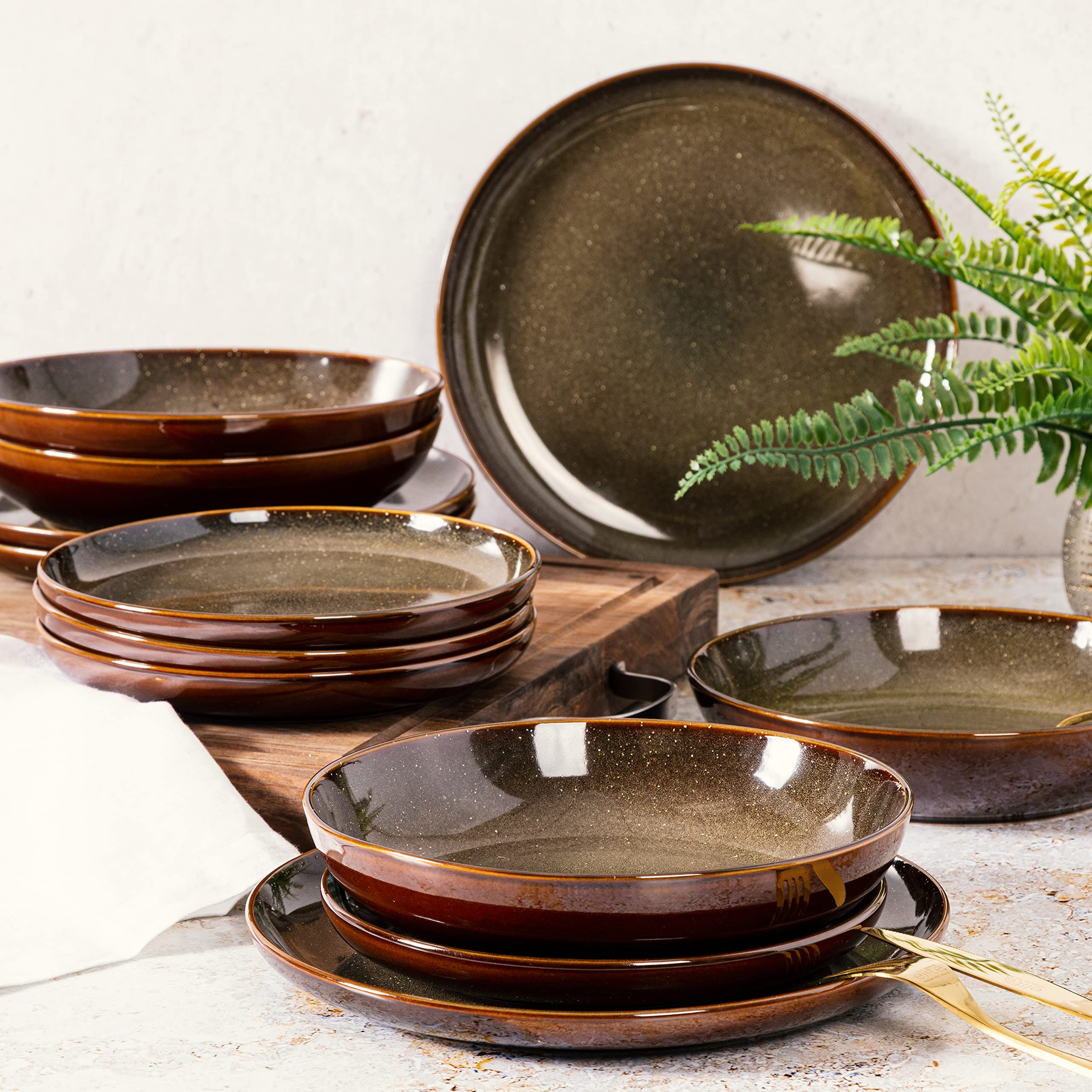 Gibson Elite Edwina 16-Piece Double Bowl Dinnerware Set, Service for 4 – Dark Green Stoneware Plates and Bowls