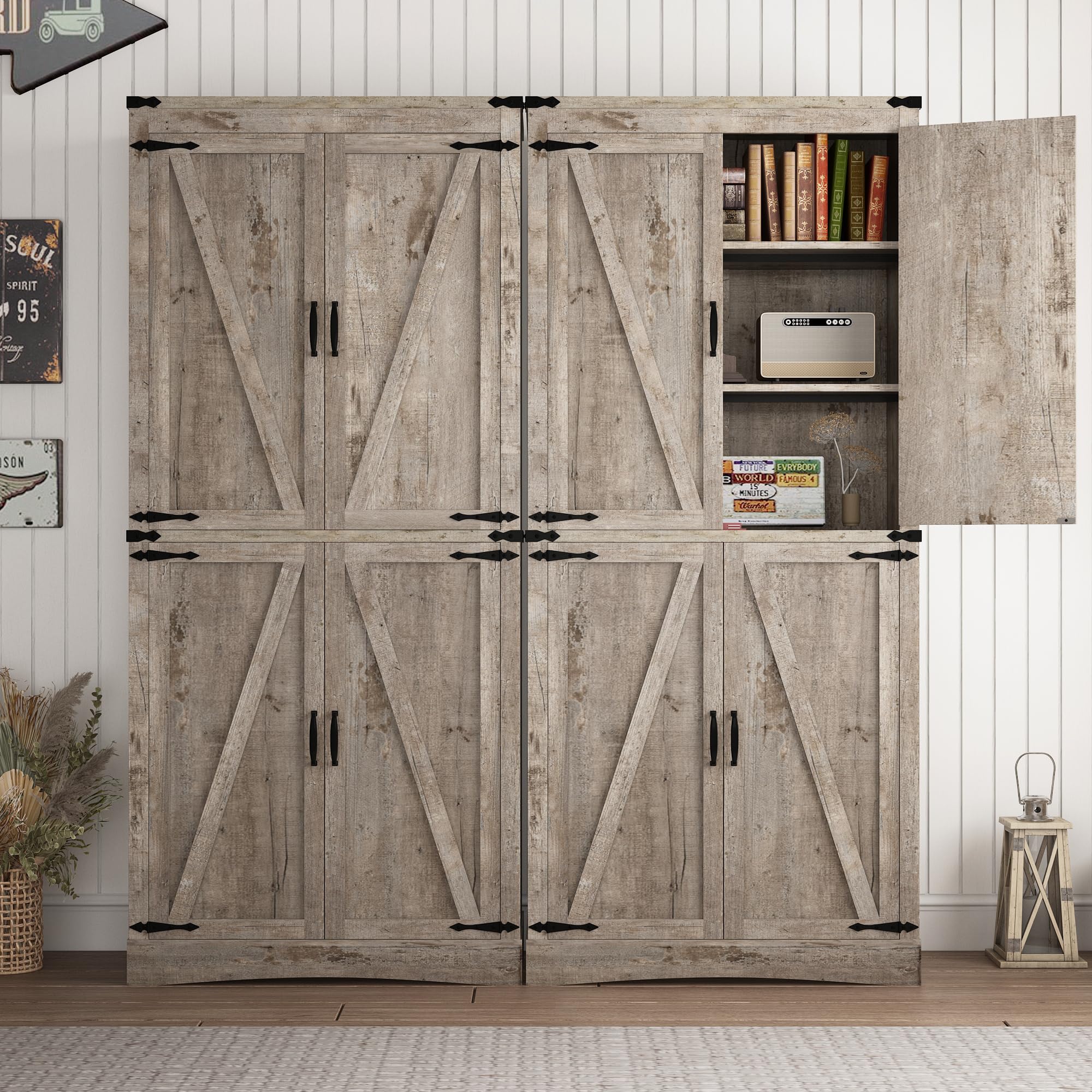 71in Farmhouse Kitchen Pantry Cabinet,Tall Storage Cabinet with 4 Doors and Adjustable shelves,with Load-Bearing Steel Pipe,Wood Storage Cabinets for Kitchen,Dining Room,Bathroom(Light Rustic Oak)
