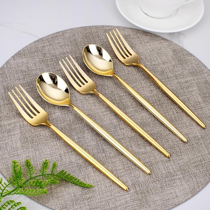 SUT 200PCS Plastic Forks and Spoons Heavy Duty Set, Gold Disposable Silverware, gold Cutlery, Disposable Utensils, Plastic Flatware Includes 100 Forks, 100 Spoons for Party