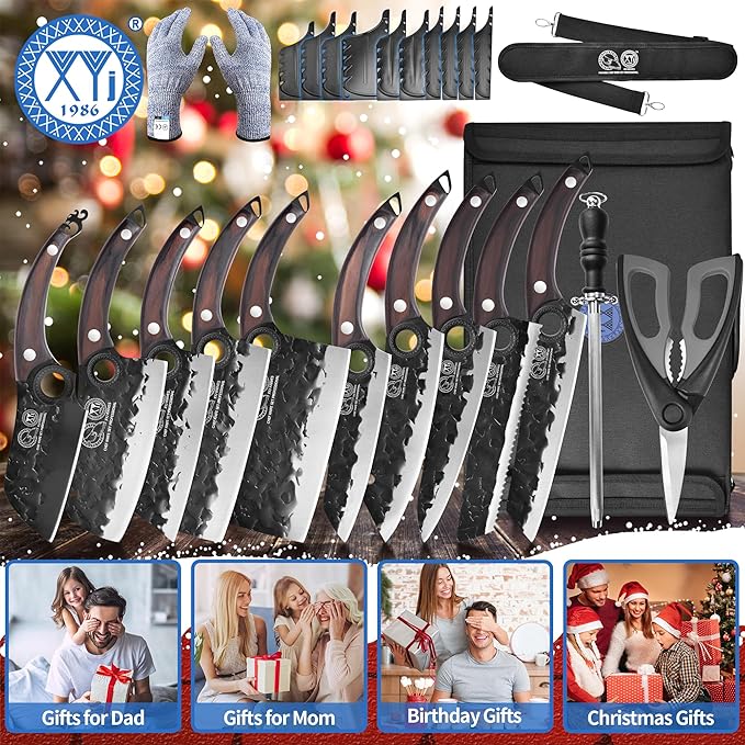 XYJ Professional Kitchen Knife Set with Bag, Forged Blades, Full Tang