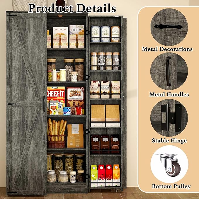 Vrmuxita Tall Kitchen Pantry Cabinet: Food Pantry Cabinets for Kitchen Storage, Grey Wood Storage Cabinet with 2 Doors, Farmhouse Cabinets with Freestanding Cupboard (Grey)