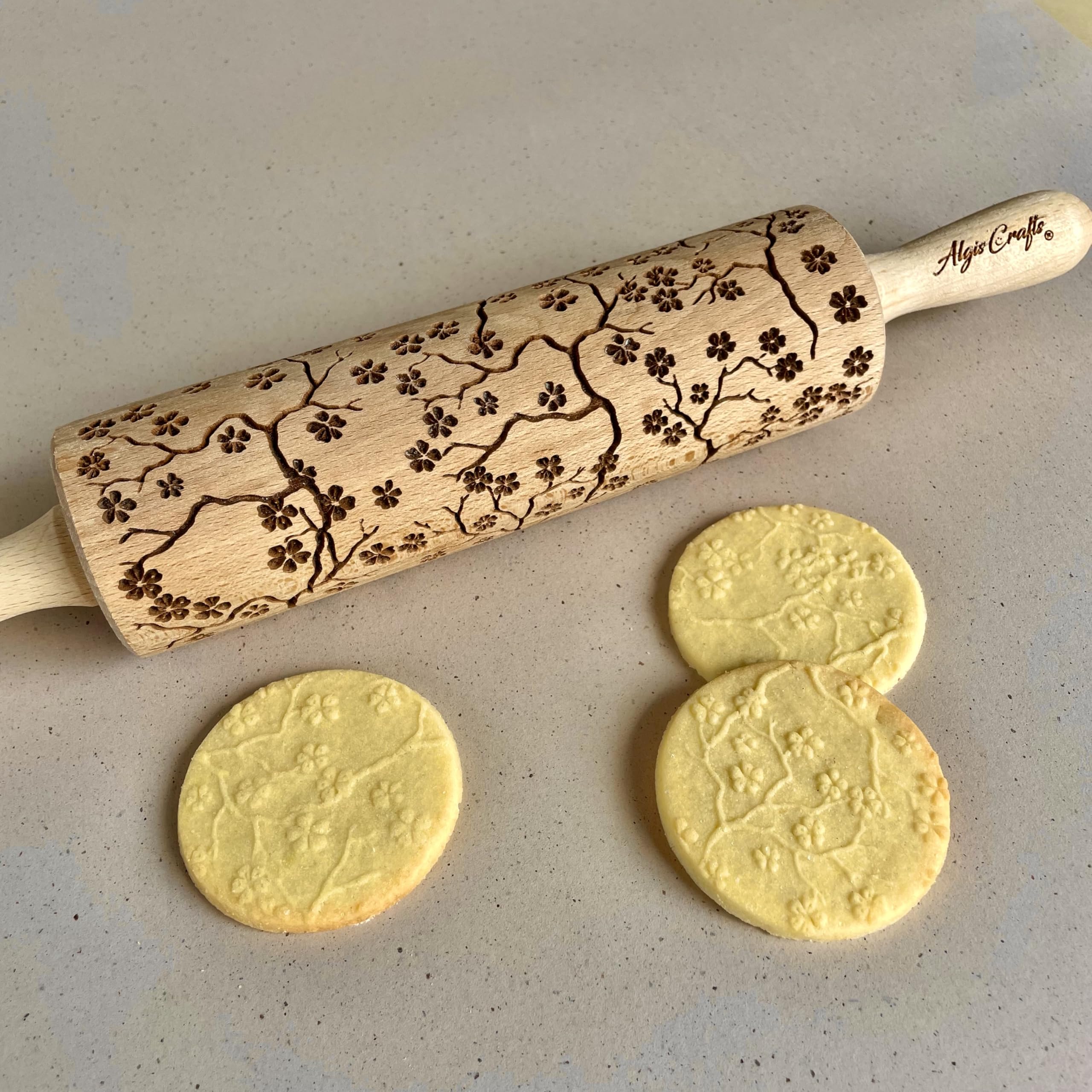 SAKURA TREE Embossing Rolling Pin with Blooming Sakura Flowers Pattern. Dough and Clay Roller for Embossed Cookies Fondant Pottery. Cookie and Ceramic Stamp. Backing Gifts for Women by Algis Crafts