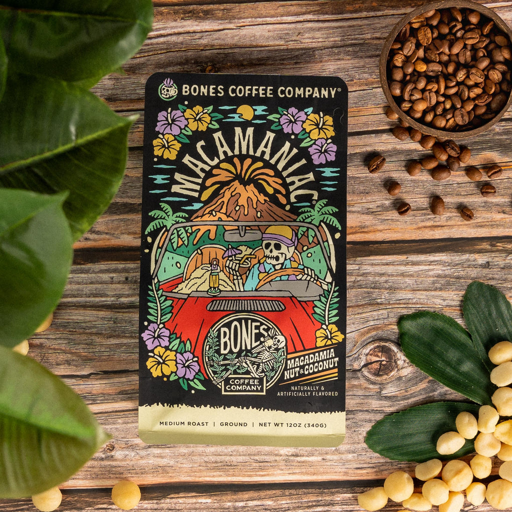 Bones Coffee Company Macamaniac, Macadamia and Coconut Flavored Coffee, Medium Roast Low Acid Arabica Beans Compatible with Auto drip and French Press Coffee Maker, 12 Oz Whole Bean