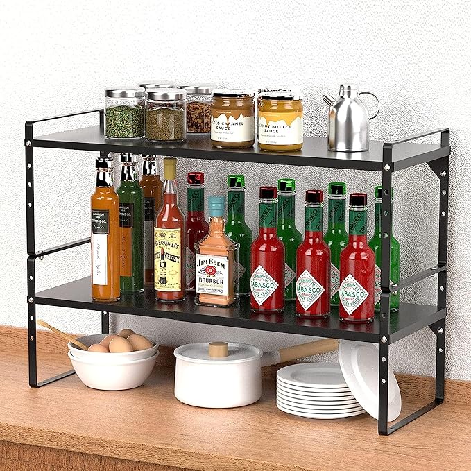 LOCVCDA Expandable Kitchen Cabinet Storage Shelf, Stackable Metal Pantry Storage Shelves Organizer, Adjustable Height Counter Spice Rack for Kitchen Cabinet, Countertop, Pantry and Office