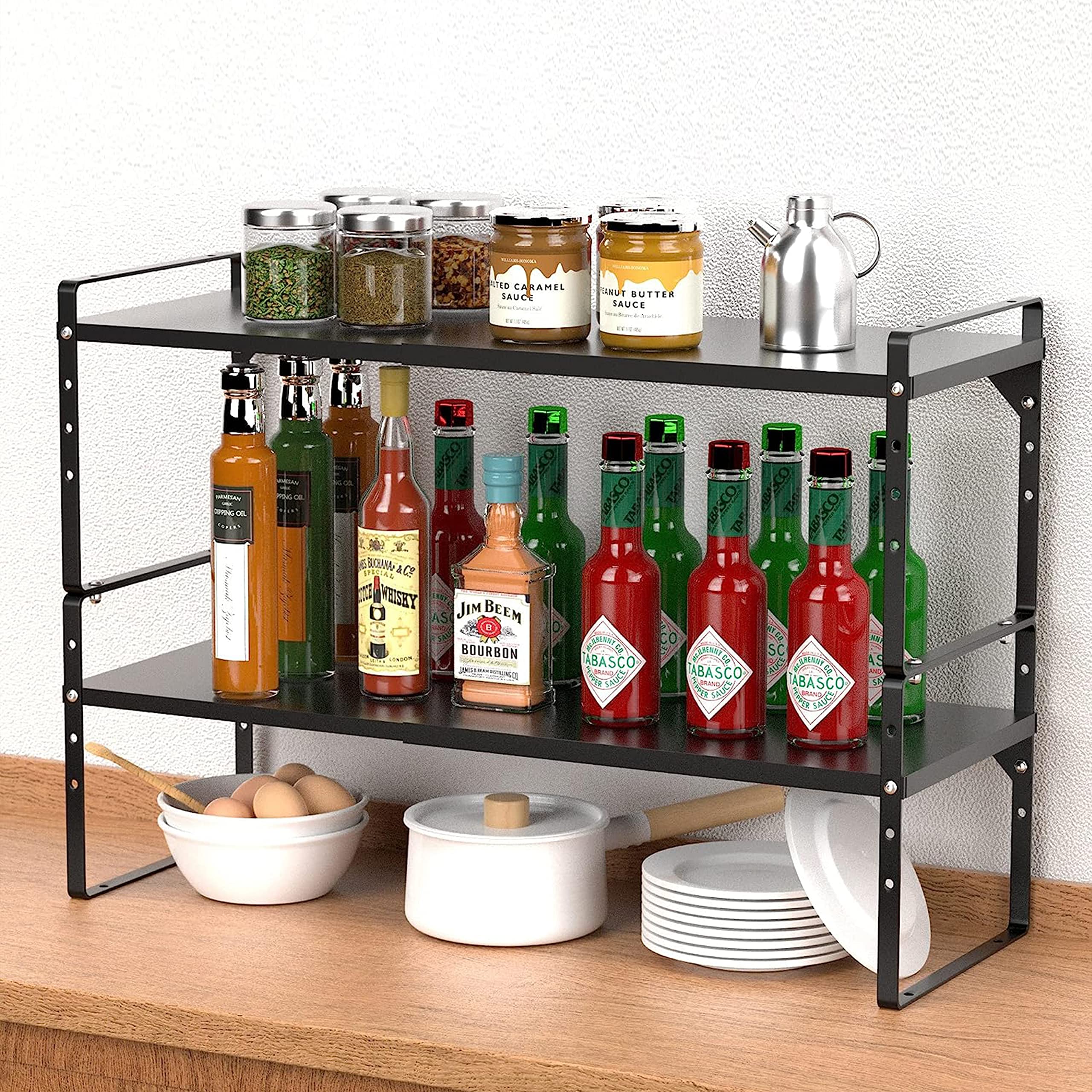 LOCVCDA Expandable Kitchen Cabinet Storage Shelf, Stackable Metal Pantry Storage Shelves Organizer, Adjustable Height Counter Spice Rack for Kitchen Cabinet, Countertop, Pantry and Office