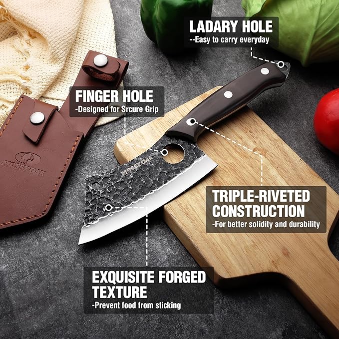 Mossy Oak Meat Cleaver Knife, Butcher Knife with Genuine Leather Sheath, Hand Forged Kitchen Knife Full Tang Handle for Meat and Vegetable Cutting, Outdoor Cooking, Camping and BBQ