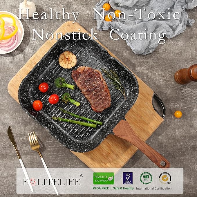 ESLITE LIFE Nonstick Grill Pan with Lid & Tongs for Stove Tops, 11 Inch Versatile Square Big Grilling Skillet Steak Pan with Pour Spouts for Indoor & Outdoor Cooking, PTFE & PFOA Free, Black