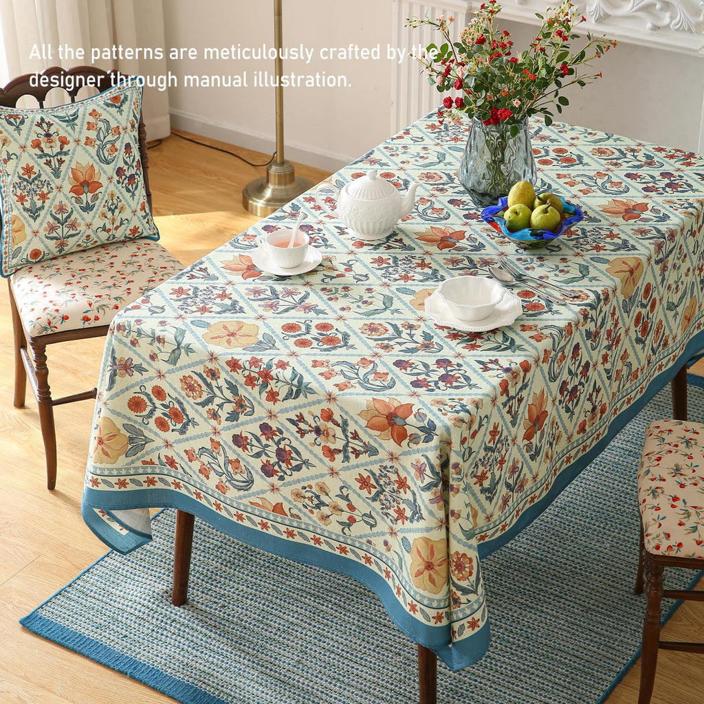 ISAENNE Designer Elegant Linen Rectangular Tablecloth,110"x63"-Floralsea A