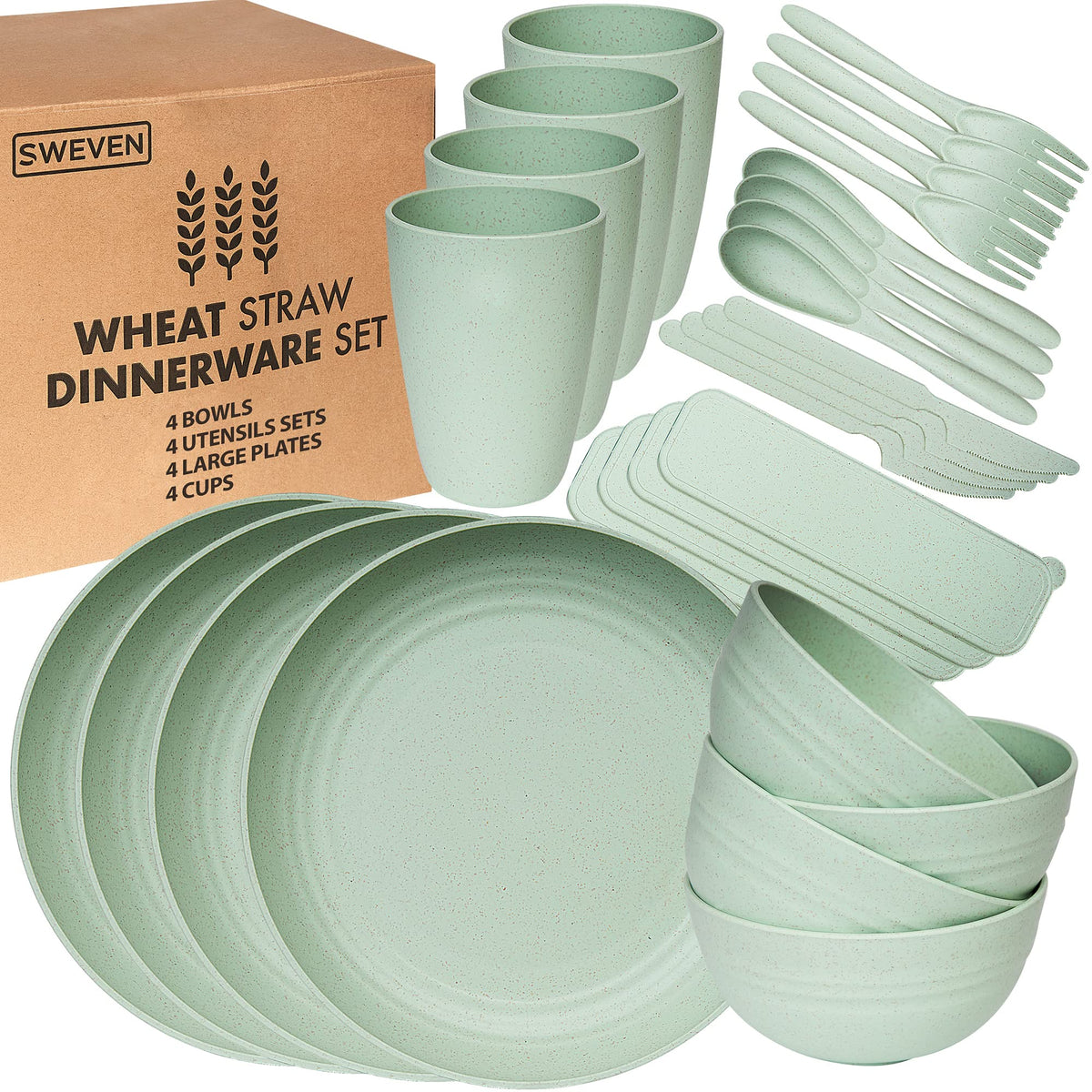 Wheat Straw Dinnerware Sets | Unbreakable Dinnerware Sets | Dishwasher Microwave Safe Dinnerware | Eco Friendly Non Breakable Dinnerware Sets | RV Outdoor Camping (Black, Service for 4 (16 pcs))