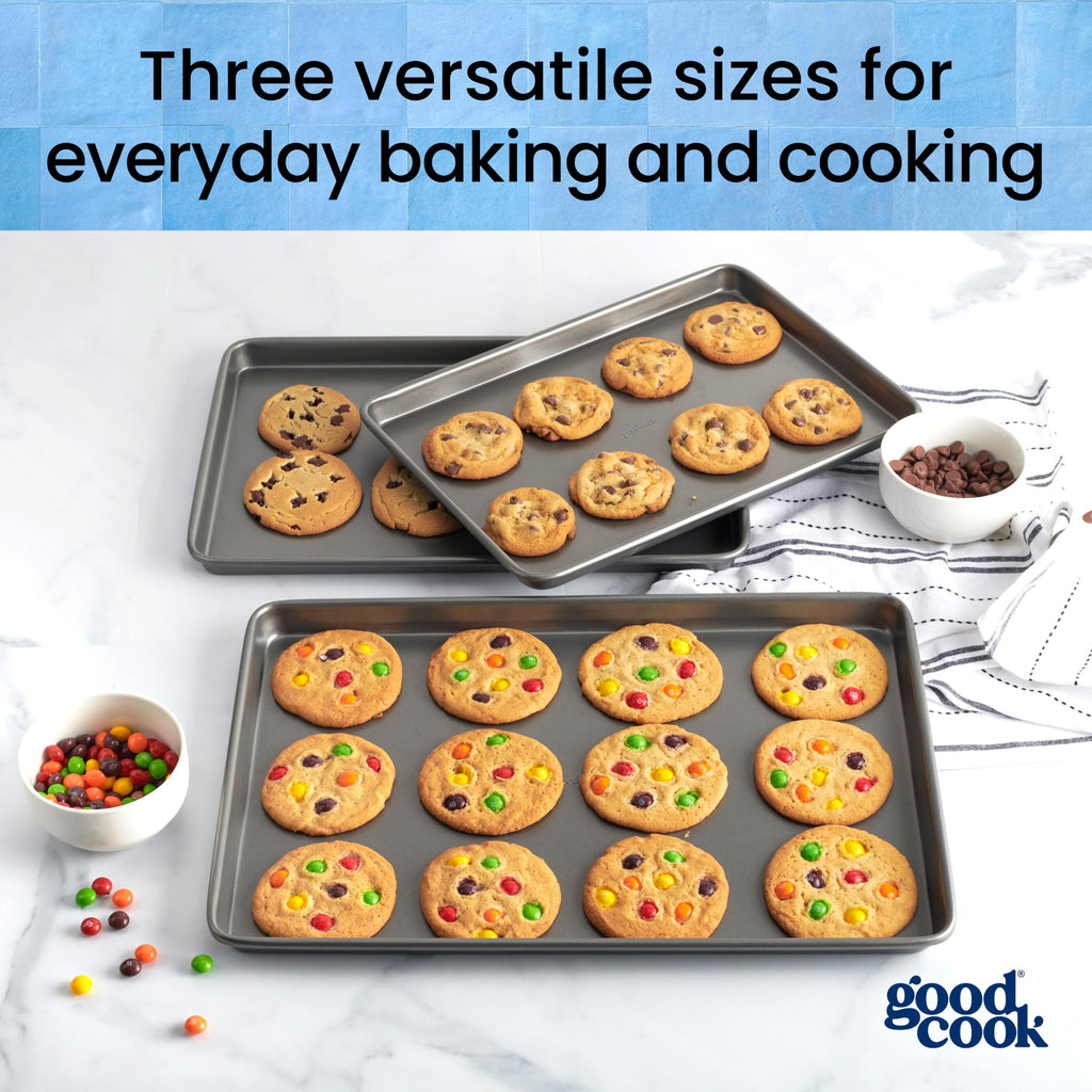 GoodCook Everyday Nonstick Baking Sheet Set, 3 Pack Includes Small (13×9) Medium (15×1) and Large (17×11) Pans Carbon Steel Construction Cookie Sheets Bakeware Set, Gray