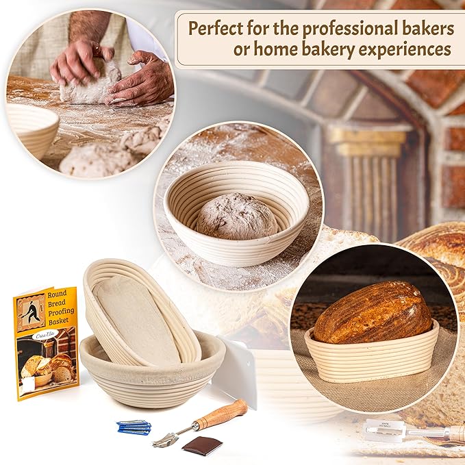 Sourdough Starter Kit – Complete Sourdough Bread Baking Supplies with 24oz Glass Sourdough Starter Jar, 9” Round & 10” Oval Banneton Proofing Basket Set, Sourdough Tools – Artisan Gift for Bakers