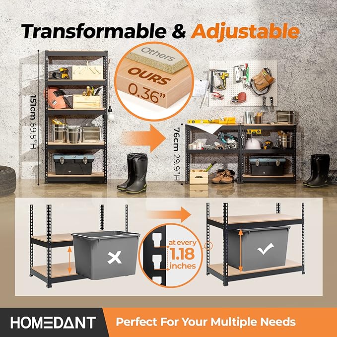 HOMEDANT 28" W 5 Tier Heavy Duty Garage Shelving Adjustable Metal Rack Storage Shelves Standing Shelf Unit Organizers Pantry Closet Black 2Pack