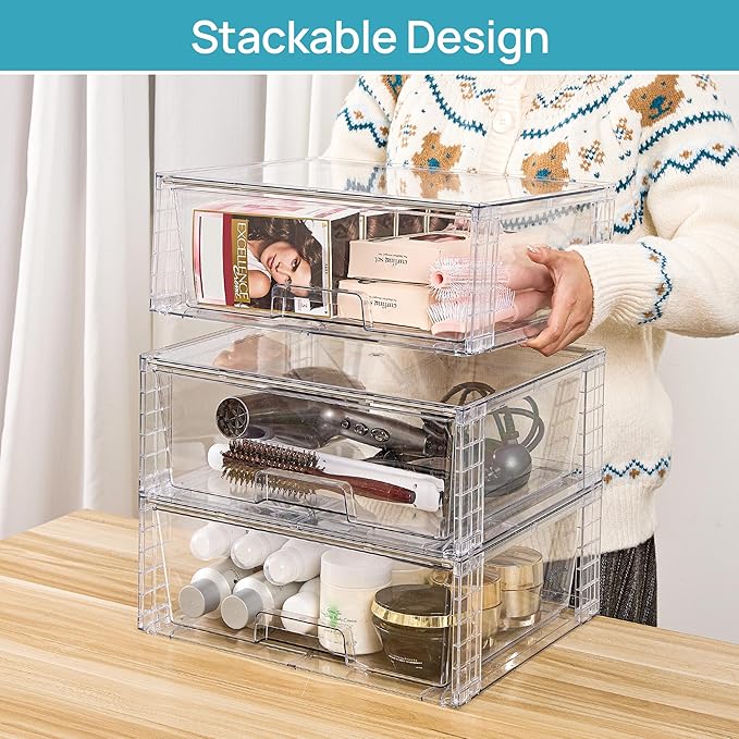 Vtopmart 6 Pack Large Clear Stackable Storage Drawers for Closet, Pantry