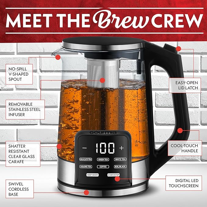 Gourmia Electric Glass Kettle – 1.7L Programmable Tea & Coffee Brewer with Digital Touch Display, 6 Presets, Removable Stainless Steel Infuser, Cordless with 360° Swivel Base, Peach