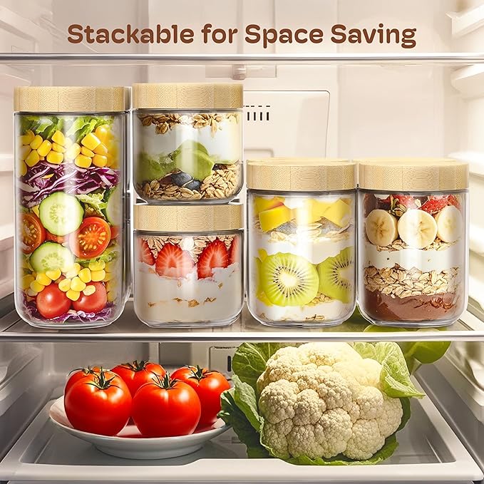 16 oz Overnight Oats Containers with Bamboo Lids, Glass Mason Jars 2 Pack