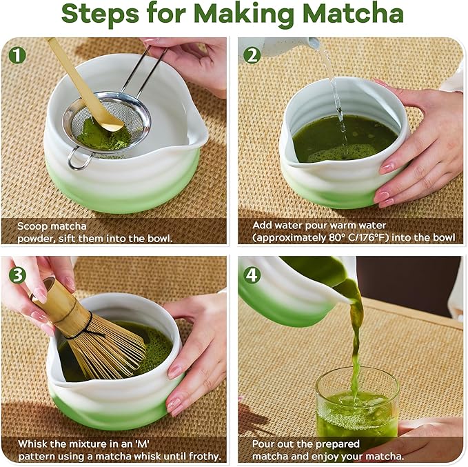 Matcha Whisk Set with Tea Caddy, Green 8 Pcs Matcha Kit Includes Bowl with Spout, Whisk & Holder, Ceramic Tea Caddy, Bamboo Scoop & Rest, Sifter, Tea Towel, Gift for Tea Lovers