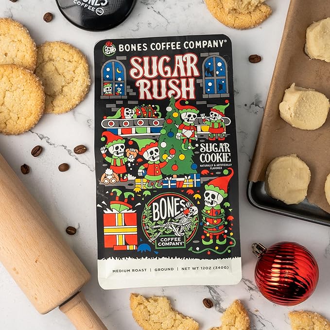 Bones Coffee Company Sugar Rush, Sugar Cookies Flavored Coffee, Medium Roast Low Acid Arabica Beans Compatible with Auto drip and French Press Coffee Maker, 12 Oz Whole Bean
