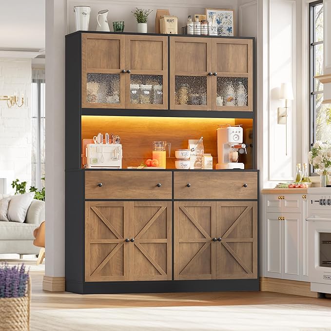 FINETONES 71" Pantry Cabinet with LED Light and Charging Station