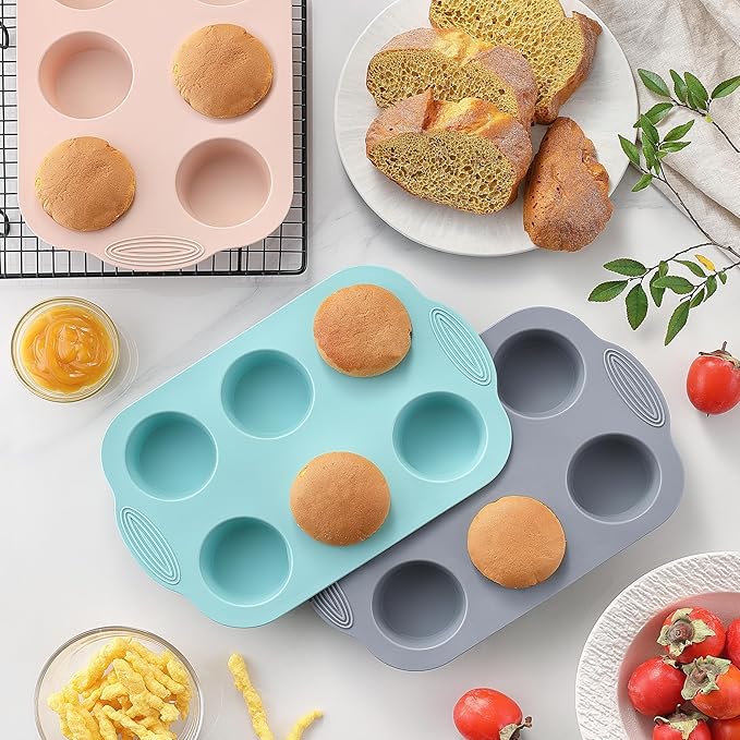 XZZWLL Silicone Muffin Pan, Food Grade Silicone Cupcake Molds for Baking Muffins and Cupcakes, 6-Cup Nonstick Cupcake Pan, Easy Cleaning and BPA-Free (Gray, Orange, Blue)