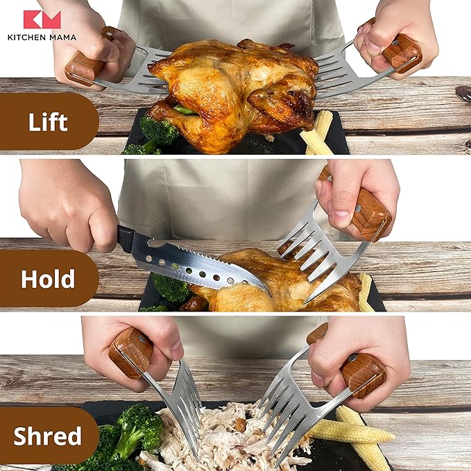 Kitchen Mama Meat Claws, Stainless Steel with Wooden Handle, 1 Pair
