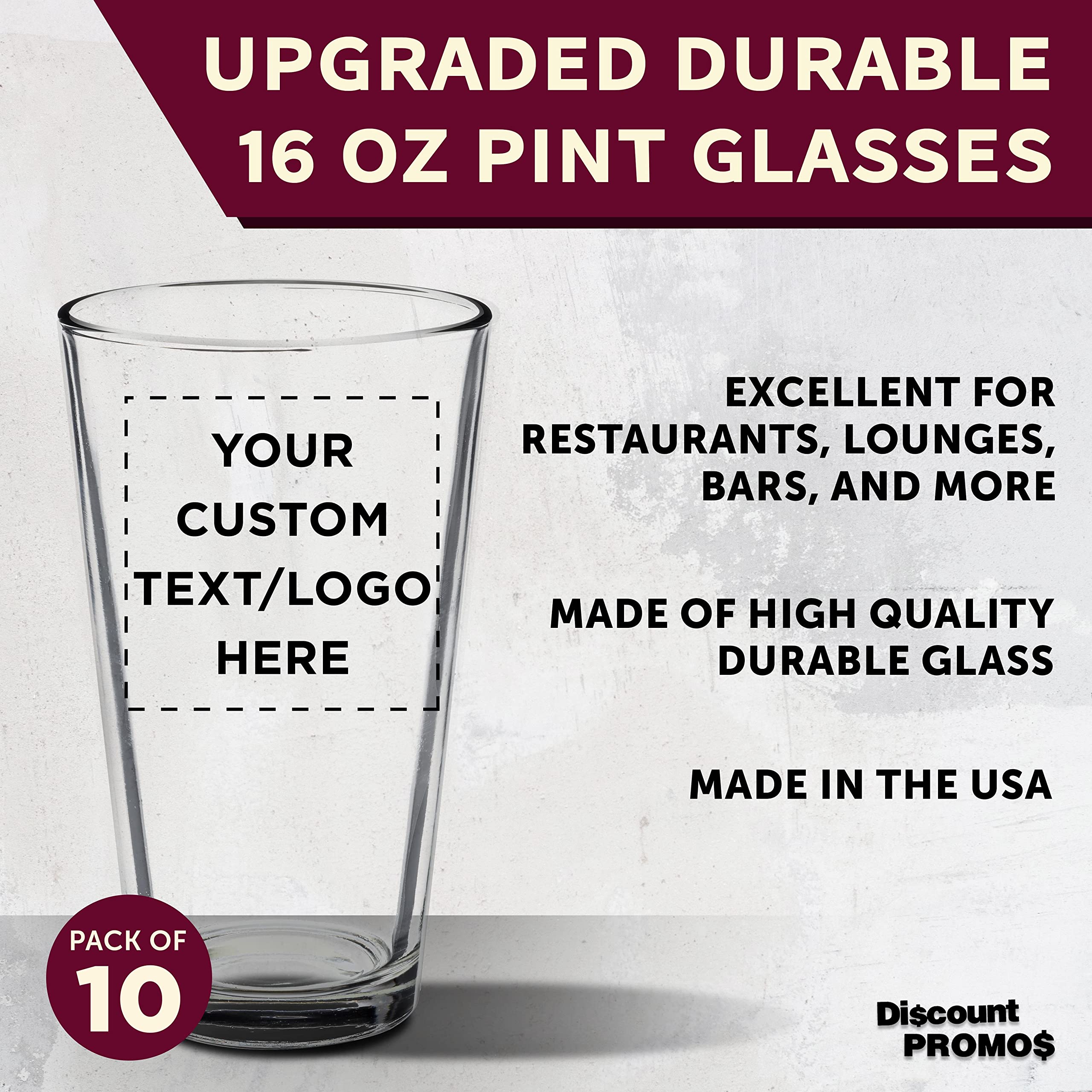 Libbey Pint Glass 16 oz. Set of 10, Bulk Pack - Beer Glasses, Heavy Duty Drinkware - Red