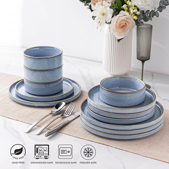 GBHOME Dinnerware Sets for 4, 12 Pieces Ceramic Plates and Bowls Set