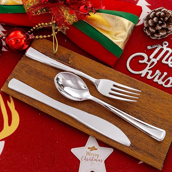Liacere 200Pcs Silver Plastic Cutlery - Silver Plastic Silverware- Disposable Silverware - 100 Forks, 50 Spoons, 50 Knives Perfect for Wedding ＆ Party