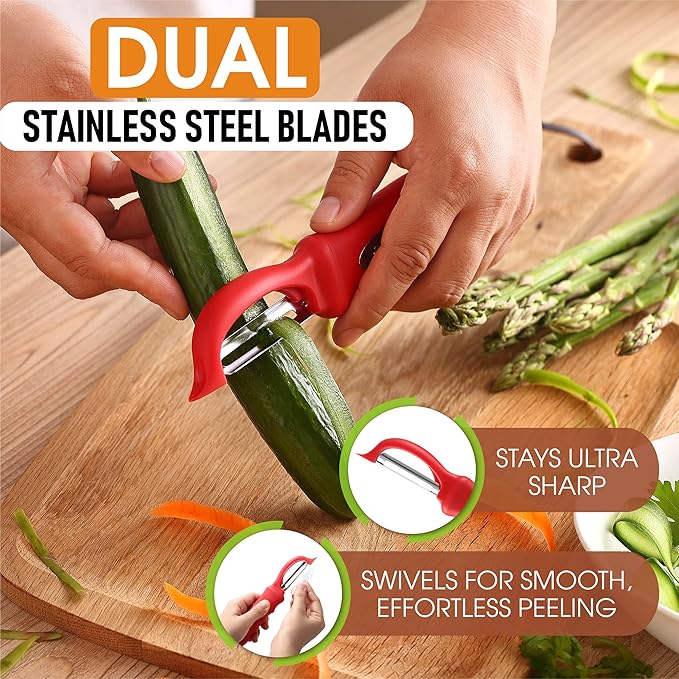 Spring Chef Swivel Vegetable Peeler with Ergonomic Handle, Set of 2, Red