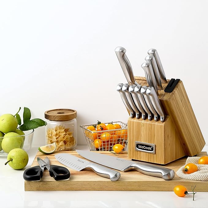 McCook Knife Set Kitchen Steel Knife Block Set w Built-in Sharpener