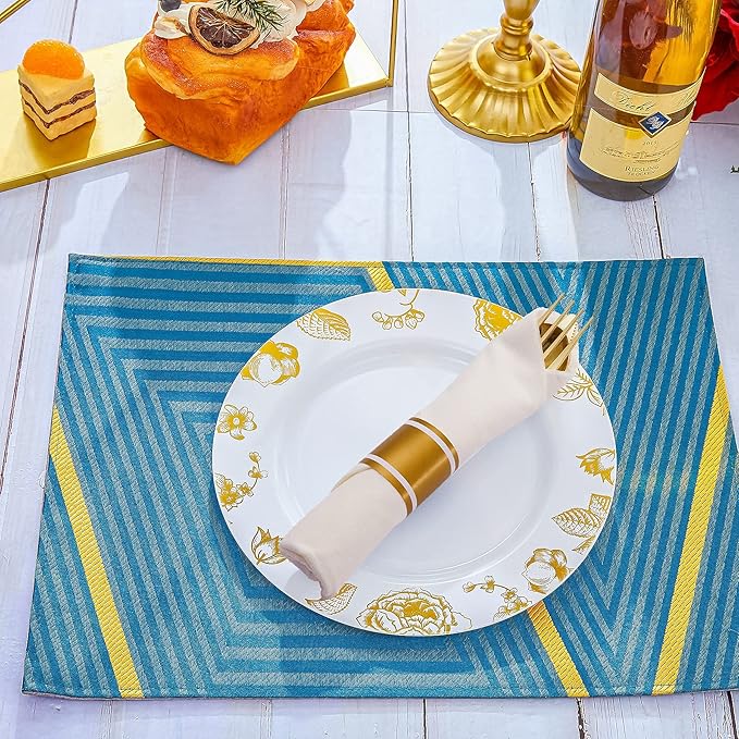 N9R 50 Pack Pre Rolled Gold Plastic Silverware with Napkins, Disposable