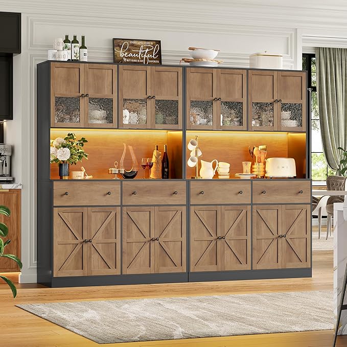 FINETONES 71" Pantry Cabinet with LED Light and Charging Station