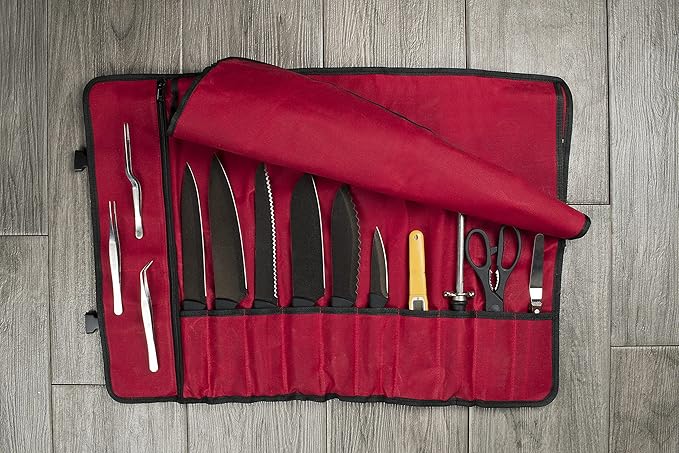 Asaya Waxed Canvas Chef Knife Roll Bag with 10 Slots and a Zipper Pocket - Professional Chef Knife Bag & Storage Case, with Shoulder Strap - Knives Not Included (Red)