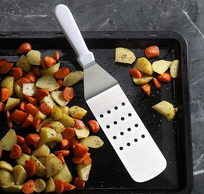 New Star Foodservice 14.5 Inch Perforated Flexible Grill Turner, Stainless Steel Spatula with White Plastic Handle for Griddle, Flat Top, Grill, and Restaurant Use